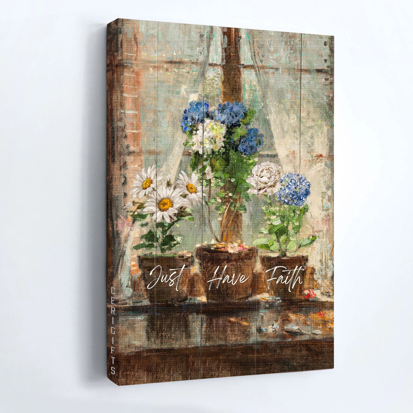 Jesus Portrait Canvas - Blue hydrangea, White daisy, White rose, Oil painting Portrait Canvas - Gift For Christian - Just have faith Portrait Canvas