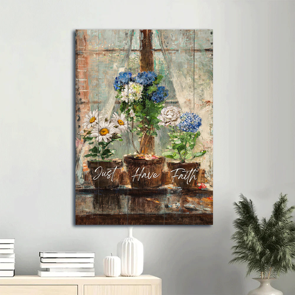 Jesus Portrait Canvas - Blue hydrangea, White daisy, White rose, Oil painting Portrait Canvas - Gift For Christian - Just have faith Portrait Canvas