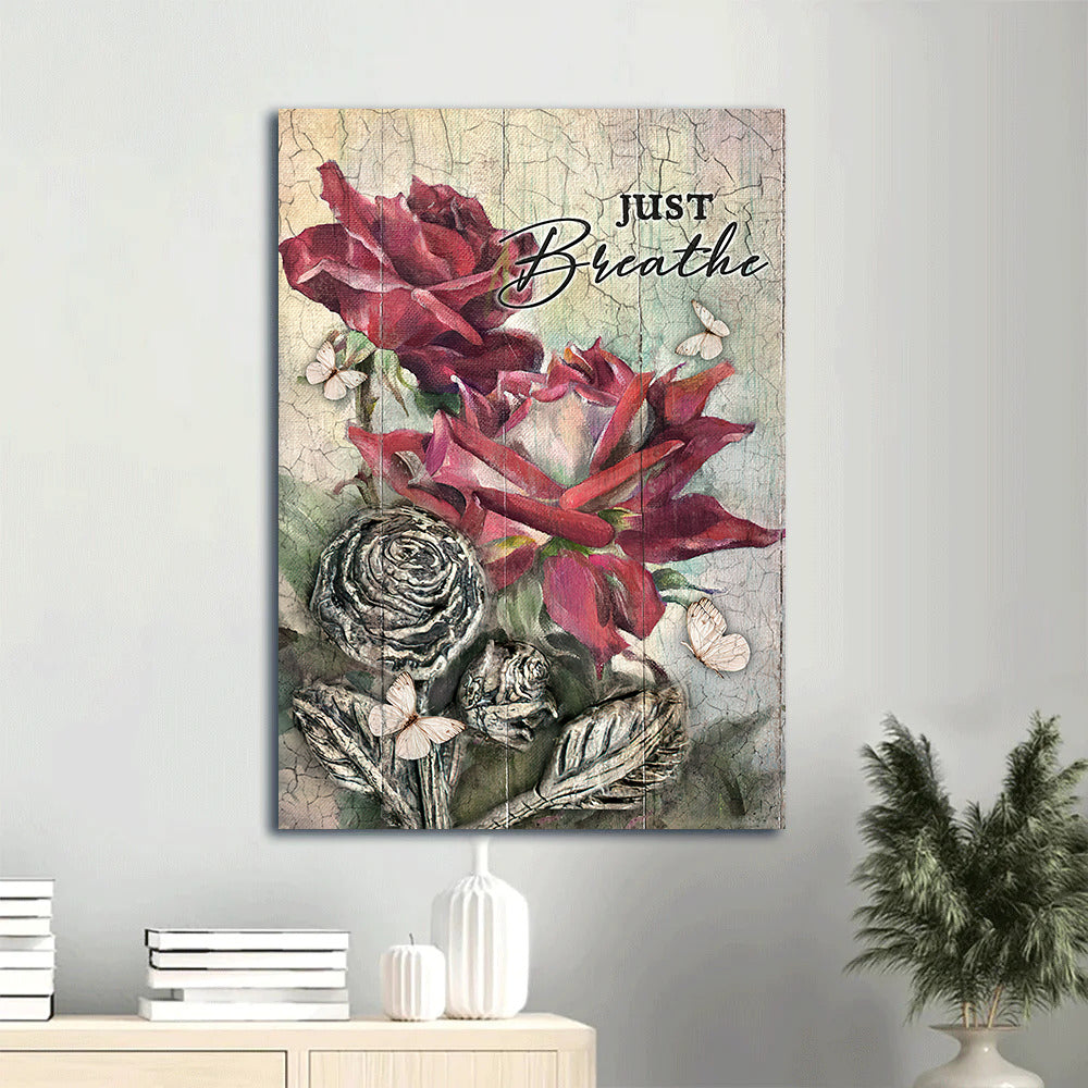 Jesus Portrait Canvas - Brilliant red rose, Beautiful flower, Pretty butterfly canvas- Gift for Christian- Just breathe