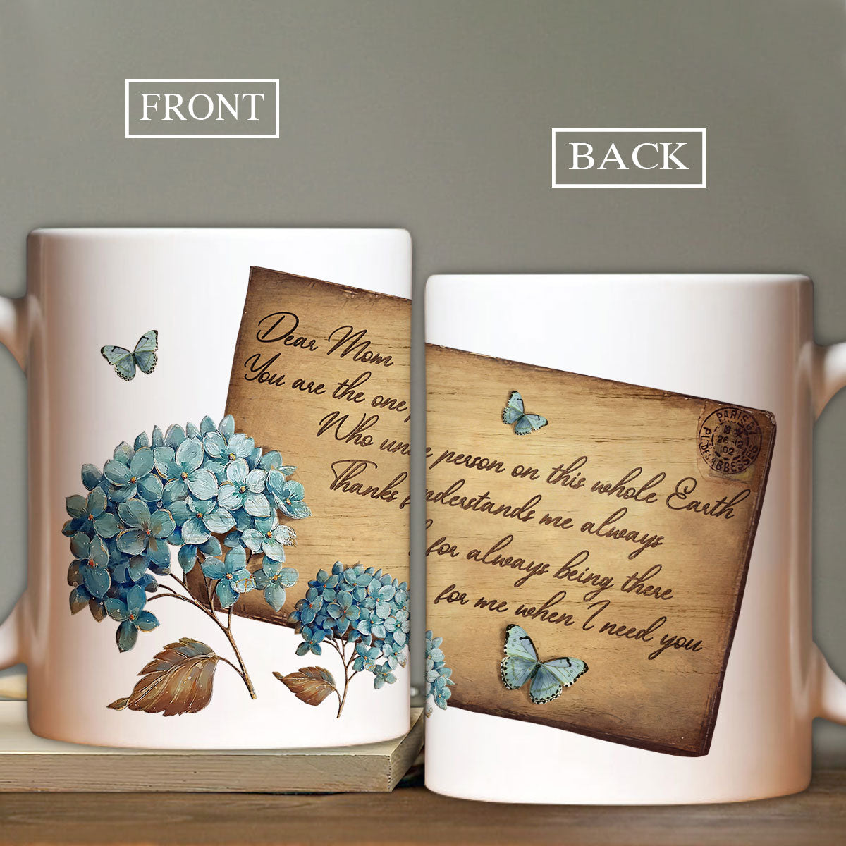 Gift For Mom Mug - Daughter to mom, Blue hydrangea, Antique letter Mug - Gift For Mother's Day, Presents for Mom -Thanks for always being there for me