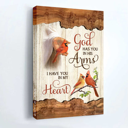 Jesus Portrait Canvas - Jesus hand, Red cardinal, Wooden frame Portrait Canvas - Gift For Christian - God has you in his arms, I have you in my heart Portrait Canvas