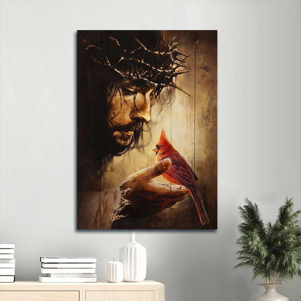 Jesus Portrait Canvas - Jesus hand, Red cardinals, Thorn crown Portrait Canvas - Gift For Christian Jesus Portrait Canvas Prints, Christian Wall Art