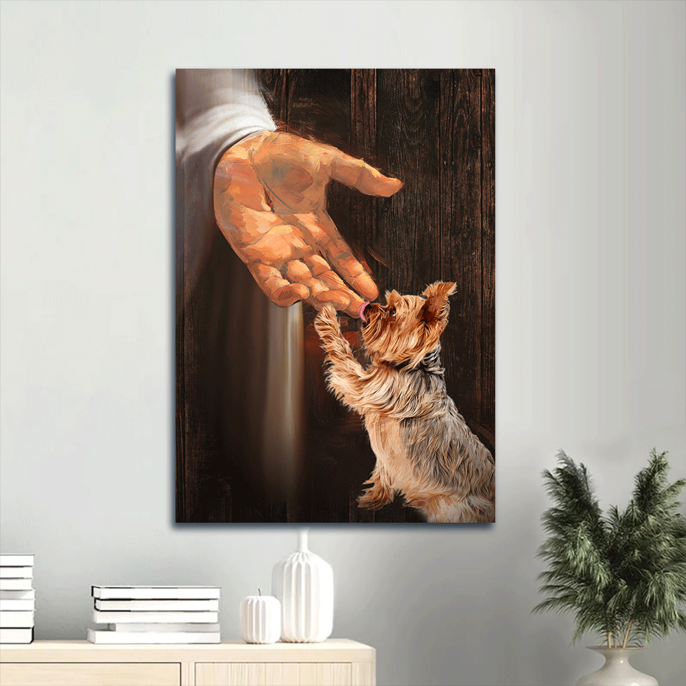 Jesus Portrait Canvas - Jesus hand, Yorkshire Terrier painting Portrait Canvas - Gift For Christian - In the hand of God Portrait Canvas