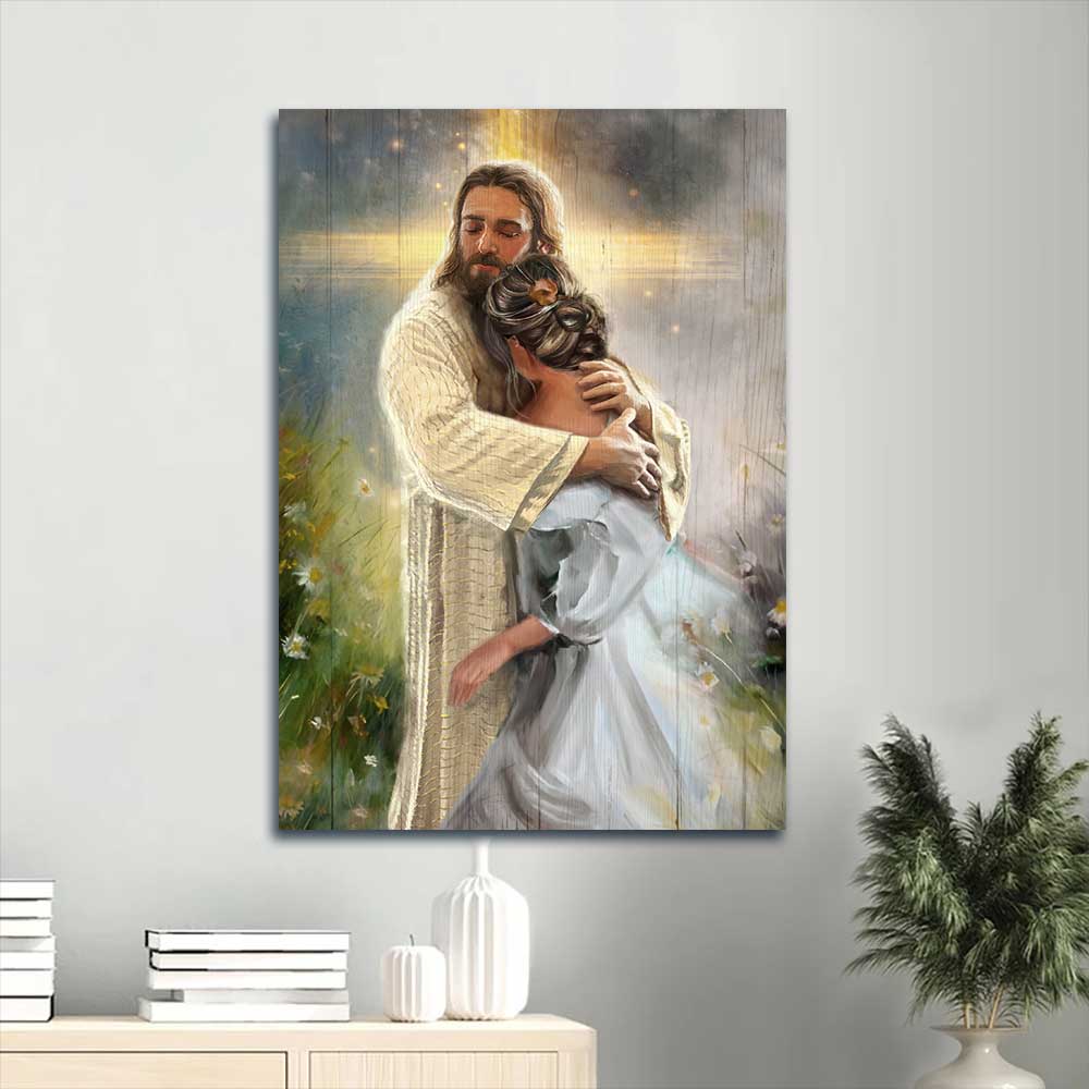 Jesus Portrait Canvas - Jesus hug, Daisy field, In the arms of God Portrait Canvas - Inspirational gift, Gift For Religious Christian