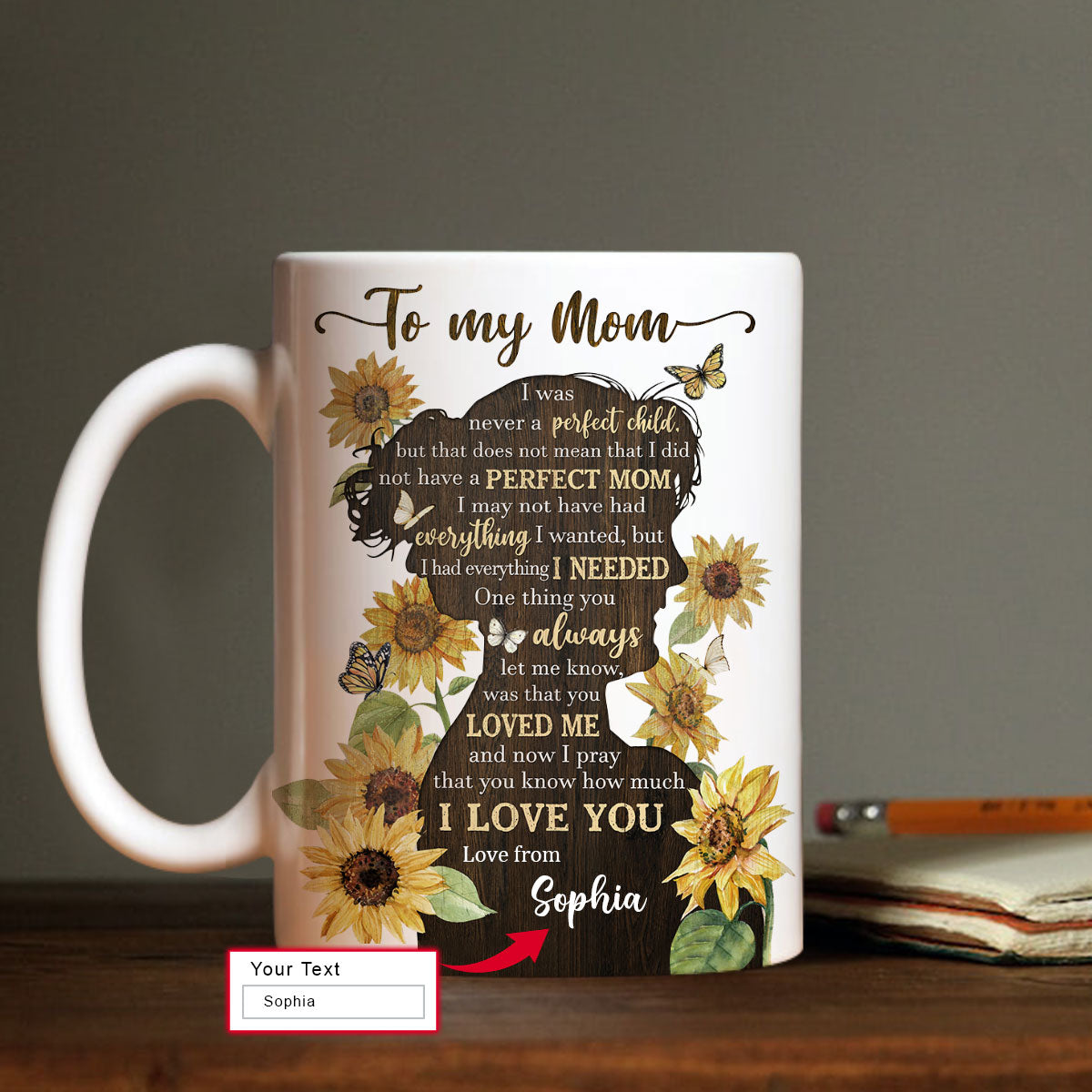 Gift For Mom Personalized Mug - Daughter to mom, Sunflower, White butterfly, Monarch butterfly Mug - Custom Gift For Mother's Day, Presents for Mom