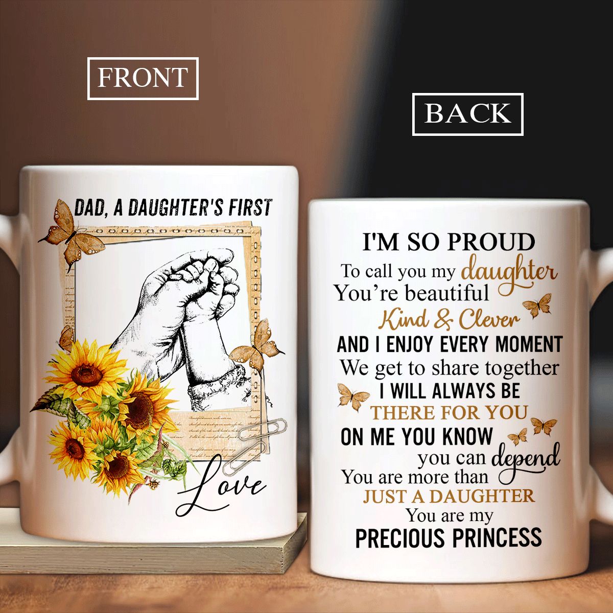 Family AOP Mug, Daughter And Dad Mug - Gifts For Daughter From Dad - Holding Little Hand Mug, Sunflower Mug, You Are My Precious Princess Mug