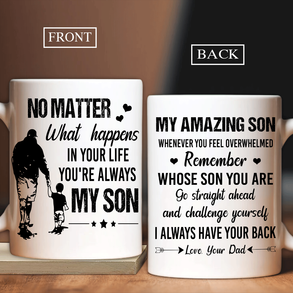 Family White Mug, Son And Dad Mug - Gifts For Son From Dad - Son And Dad Holding Hand Mug, Black And White Painting, I Always Have Your Back Mug