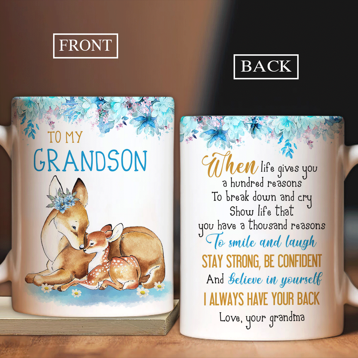 Grandson Coffee Mug, Family AOP Mug, Perfect Gift For Grandson From Grandma, Grandpa - Deer Drawing Coffee Mug, I Always Have Your Back Mug