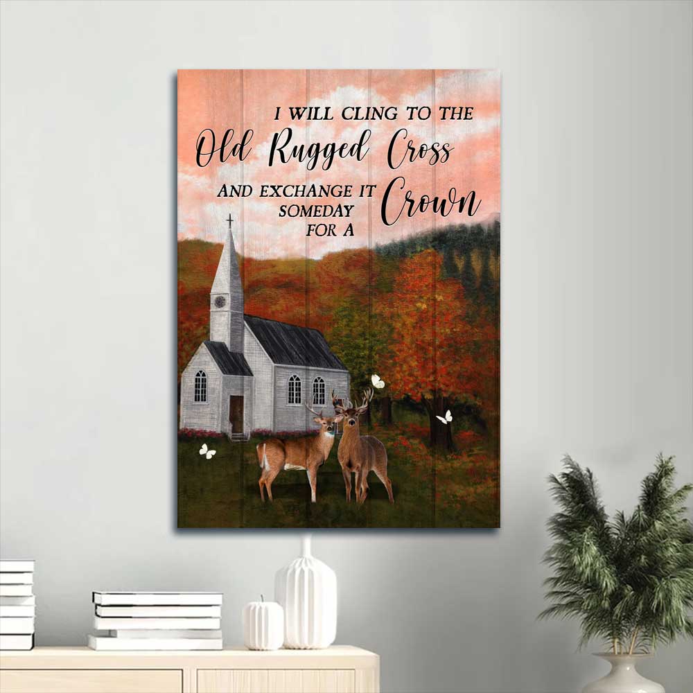 Jesus Portrait Canvas - Pink sunset, Autumn forest, Deer drawing Portrait Canvas - Gift For Christian - I will cling to the old rugged cross Portrait Canvas