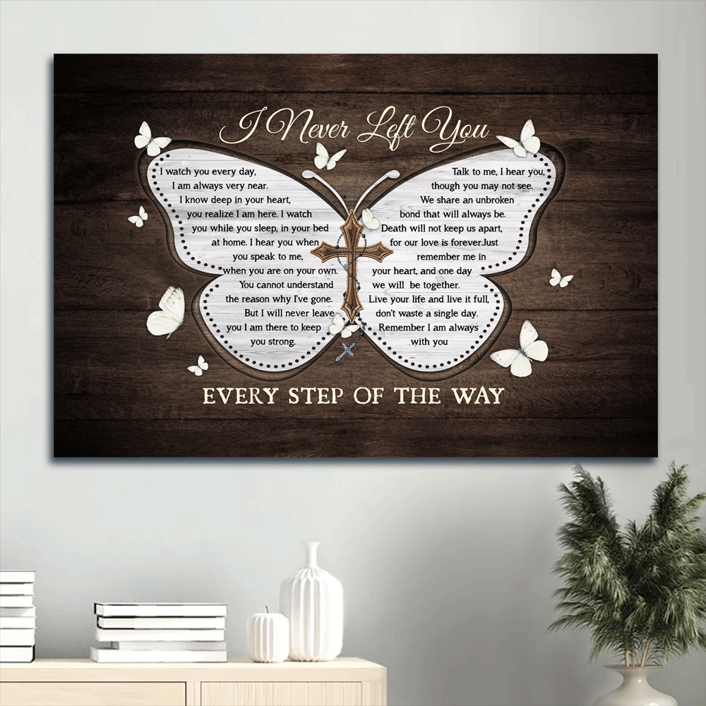 Memorial Landscape Canvas- White butterfly, Wooden background, The holy cross canvas- Gift for members family- I never left you