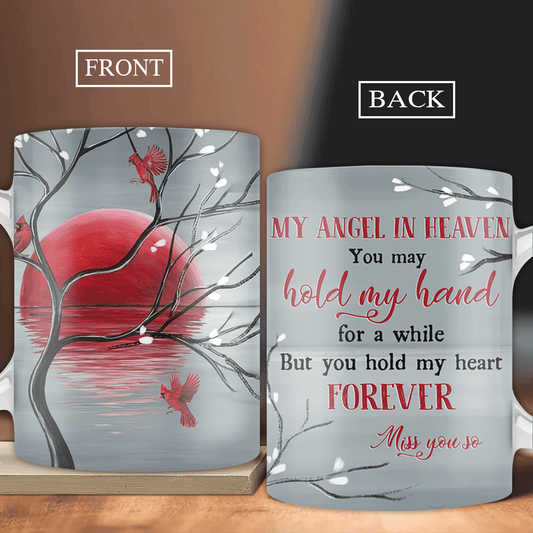 Memorial AOP Mug - Blood moon, Cardinal drawing, Black tree - Memorial Gift For Member Family - My angel in heaven - Heaven AOP Mug