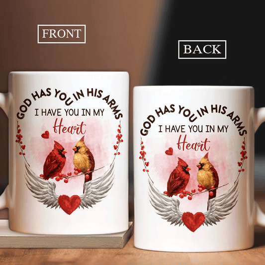 Memorial White Mug - Cardinal couple, Angel wings - Gift For Member Family - Unconditional love, God has you in his arms - Heaven White Mug