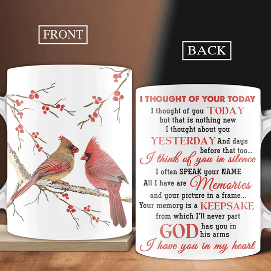 Memorial White Mug - Cardinal couple, Cranberry branch - Gift For Member Family - Good memories, I thought of you today - Heaven White Mug