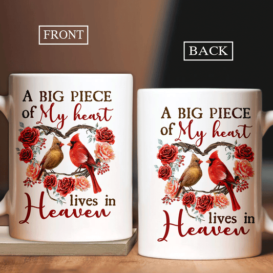 Memorial AOP Mug - Cardinal couple, Rose flower wreath- Gift For Member Family - A big piece of my heart lives in heaven - Heaven AOP Mug