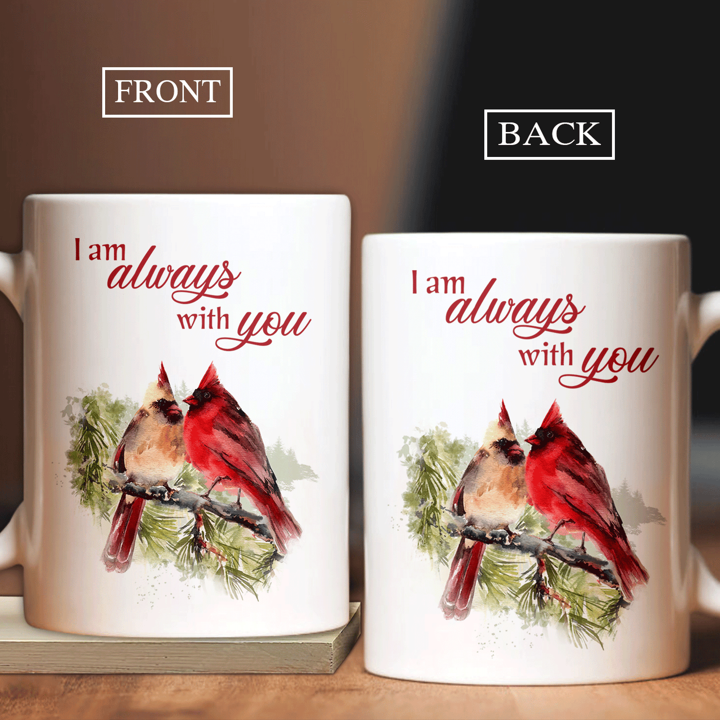 Memorial White Mug - Cardinal painting, Cardinal couple, Vintage painting - Gift For Member Family- I am always with you - Heaven White Mug