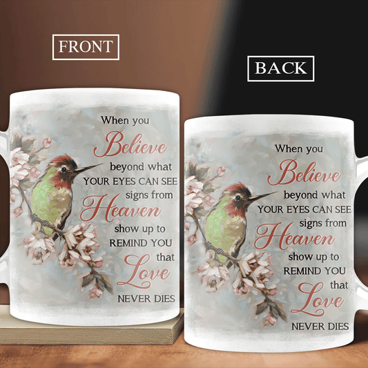 Memorial White Mug - Cherry blossom painting, Colorful hummingbird - Gift for members family - Signs from heaven remind you love never dies  - Heaven White Mug.