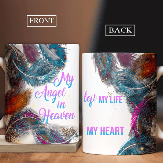 Memorial White Mug - Colorful feathers, Firefly - Gift for members family - You will never leave my heart - Heaven White Mug.