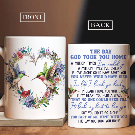 Memorial White Mug - Hummingbird, Wild flower wreath - Gift for members family - The day God took you home - Heaven White Mug.