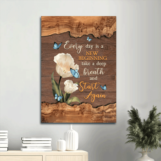 Jesus Portrait Canvas- Blue butterfly, White Tulip canvas- Gift for Christian- Every day is a new beginning - Portrait Canvas Prints, Wall Art