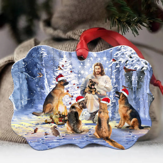 Jesus And German Shepherd Aluminum Ornament - Jesus Painting, German Shepherd Dog, Winter Forest Aluminum Ornament - Christian Gift For Christmas, Dog Lovers