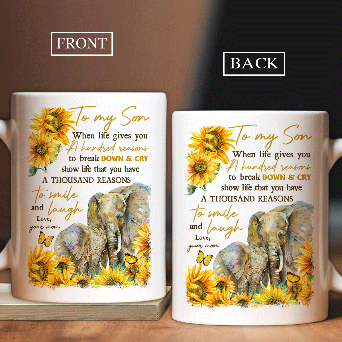 Gift for Son - Mom to son, Watercolor elephant, Sunflower painting, To my son mug- You have a thousand reasons to smile and laugh - Family White Mug
