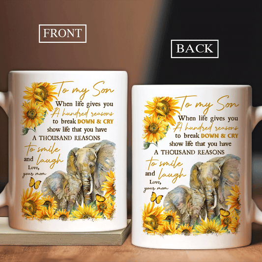 Gift for Son - Mom to son, Watercolor elephant, Sunflower painting, To my son mug- You have a thousand reasons to smile and laugh - Family White Mug