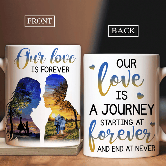 Couple White Mug- Orange sunset, Beautiful night, Old couple walking- Gift for couple, lover- Our love is a journey - White Mug