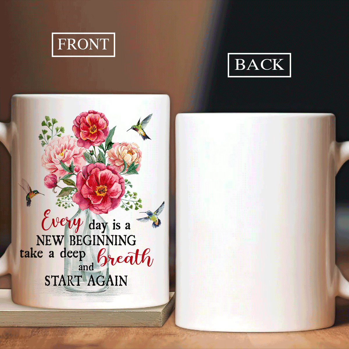 Jesus White Mug- Pink poppy, Crystal vase, Colorful hummingbird- Gift for Christian- Every day is a new beginning - White Mug