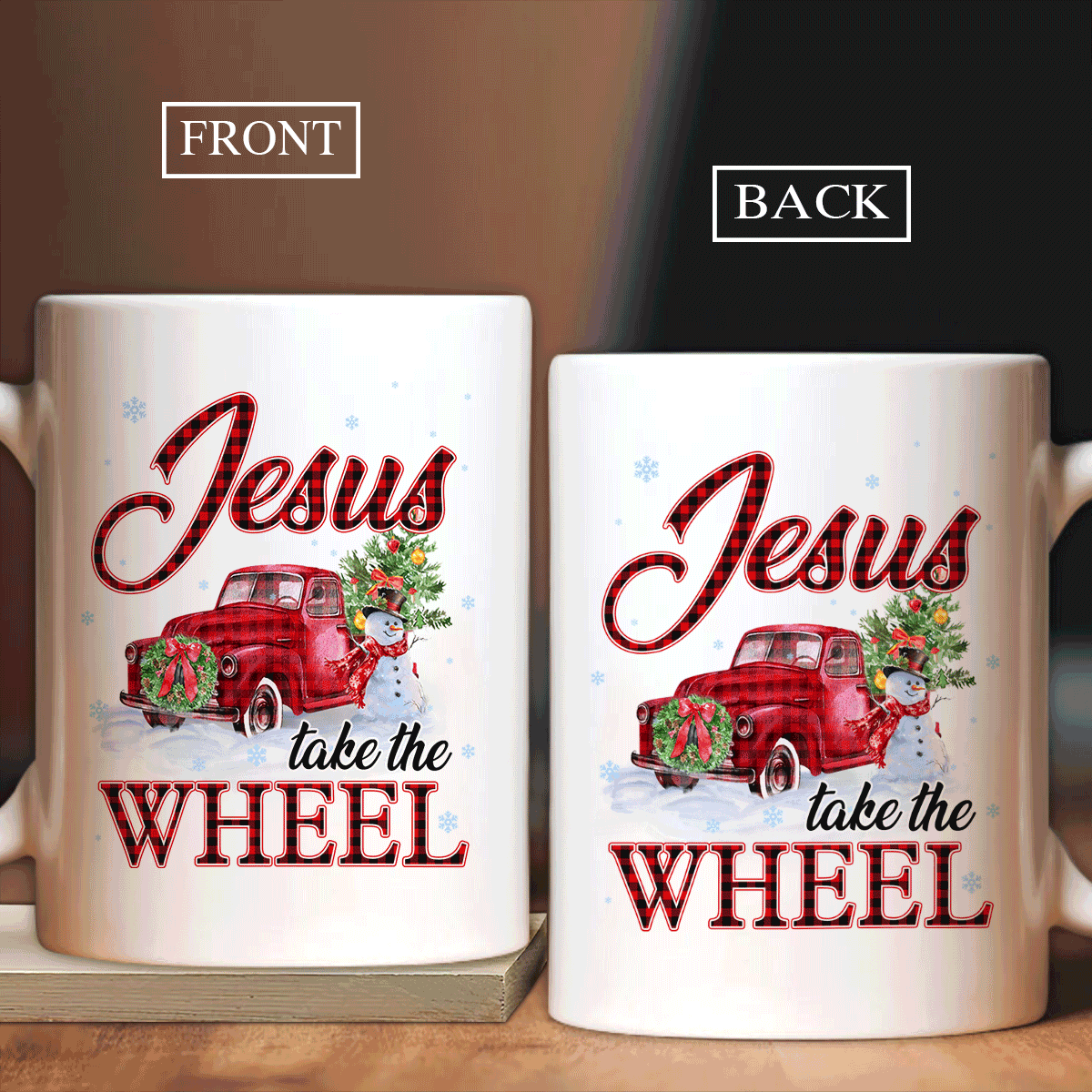 Jesus White Mug- Red ladybug car, Happy snowman, Christmas tree- Gift for Christian- Jesus take the wheel - White Mug