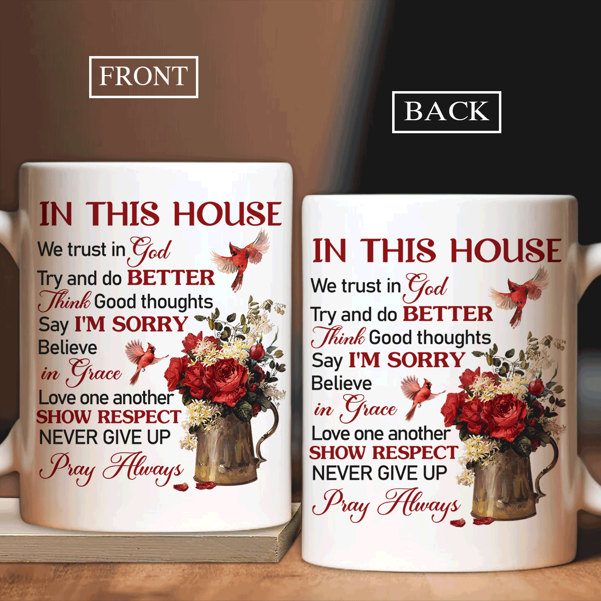 Jesus White Mug, Christian Mug Gift, Religious Tea Cup, Faith Mug - Red Rose Flower, Cardinal Drawing, In This House, We Trust In God