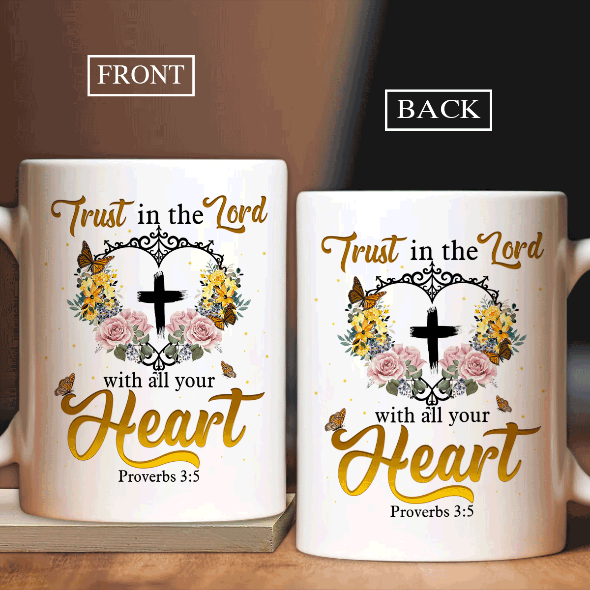 Jesus White Mug, Christian Mug Gift, Religious Tea Cup, Faith Mug - Rose Flower, Cross, Trust In The Lord With All Your Heart