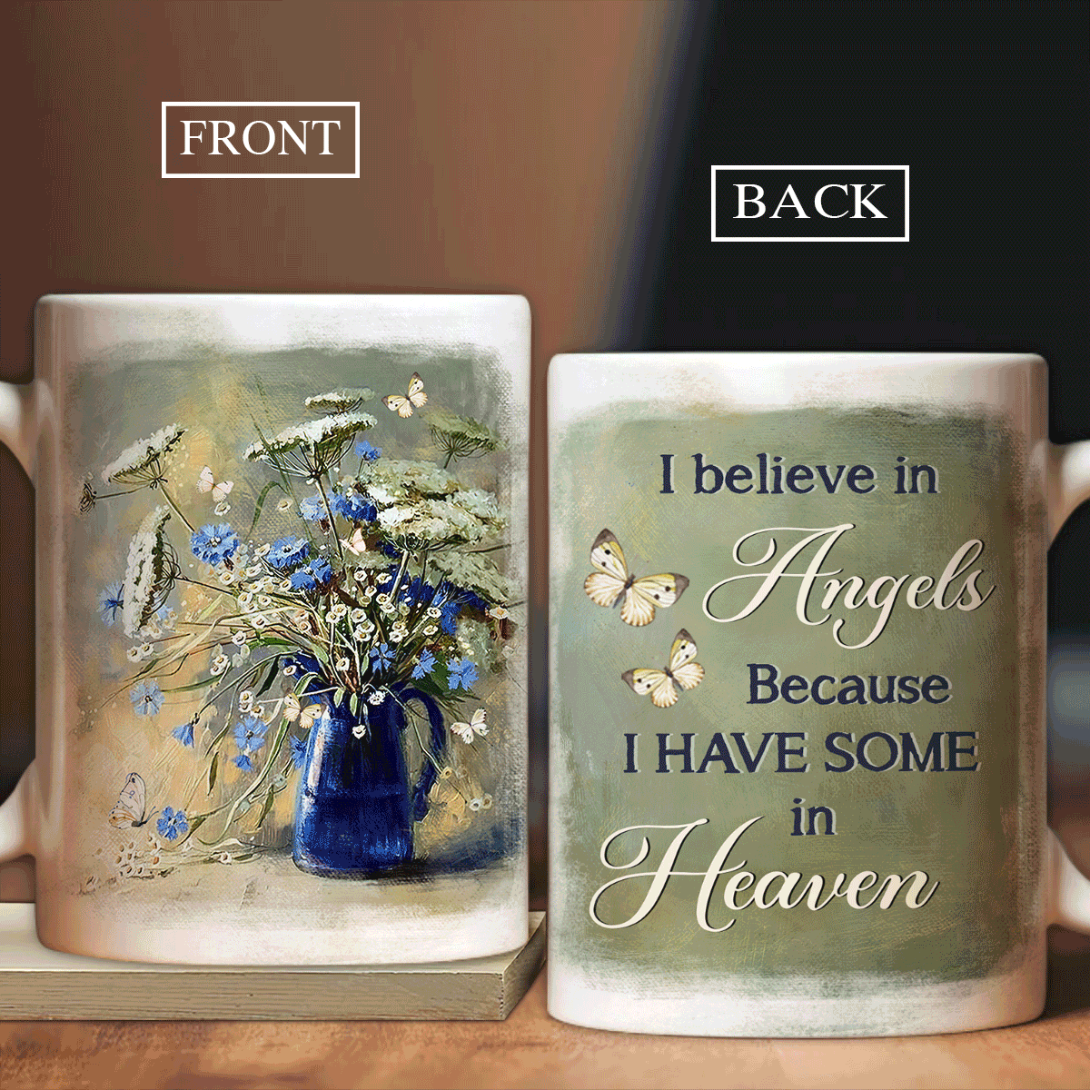Memorial White Mug - Still life painting, Beautiful flower drawing, Yellow butterfly - Gift for members family - I believe in angels - Heaven White Mug.