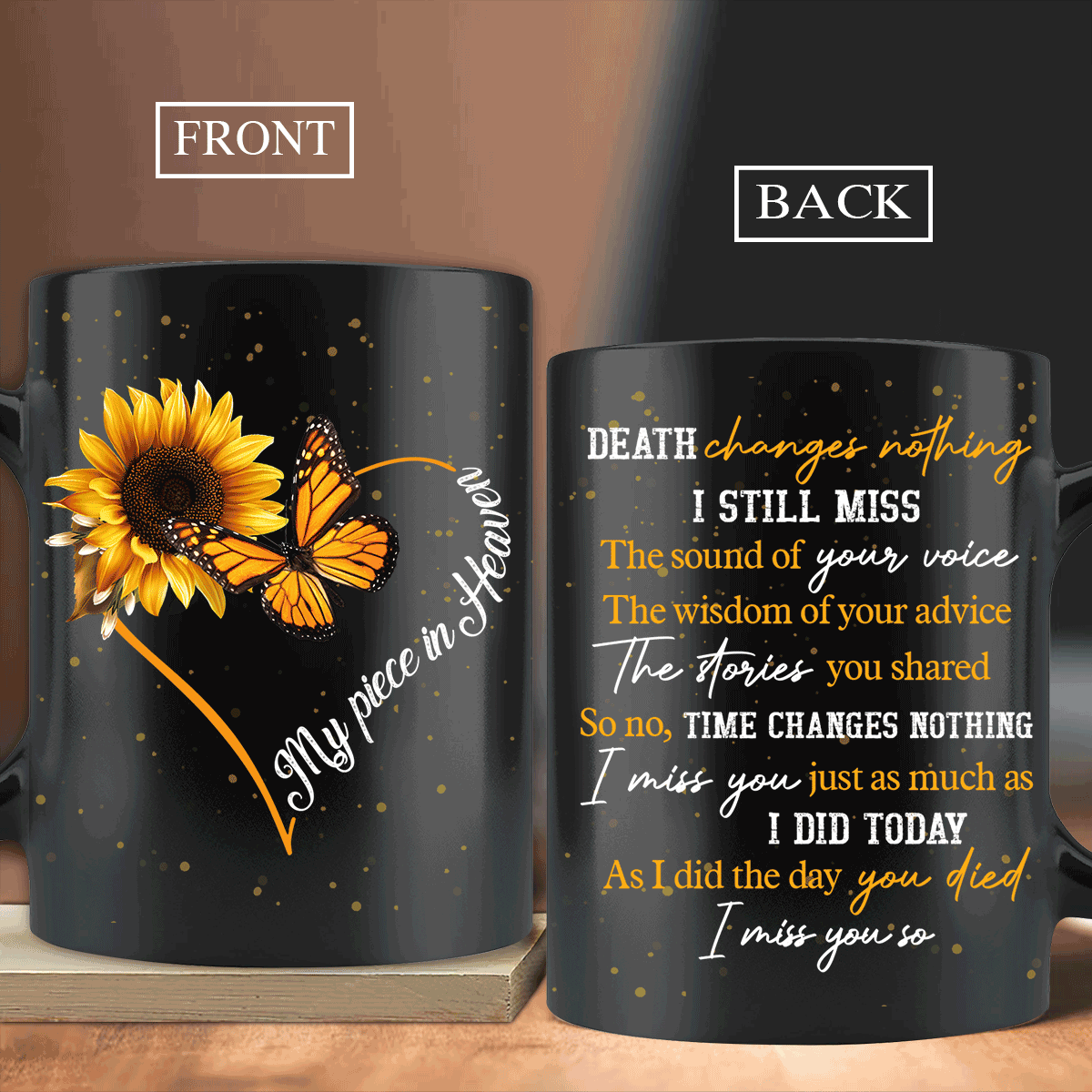Memorial Black Mug - Sunflower painting, Orange butterfly, Stars in the sky - Gift for members family - My piece in heaven - Heaven Black Mug.