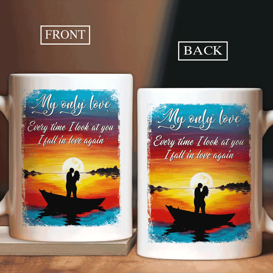 Couple White Mug - Sunset on the sea, Couple silhouette- Gift for couple, lover- Every time I look at you, I fall in love again - Couple White Mug