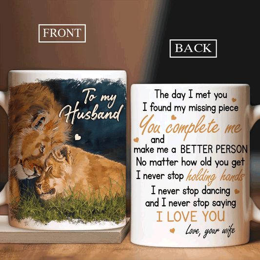 Couple White Mug - To my husband, Watercolor lion, Beautiful night- Gift for Husband, couple , lover - I never stop saying I love you - White Mug