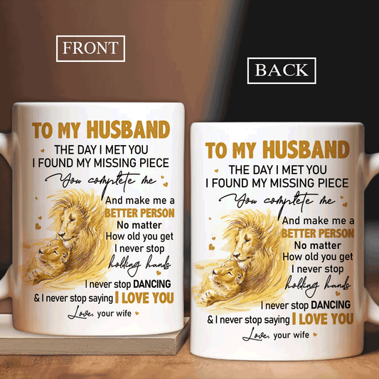 Couple White Mug - To my husband, Yellow lion drawing- Gift for Husband, lover, couple- I never stop saying I love you - White Mug