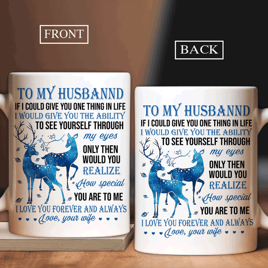 Couple White Mug- To my husband, deer watercolor painting- Gift for Husband, Lover, Couple- I love you forever and always - White Mug