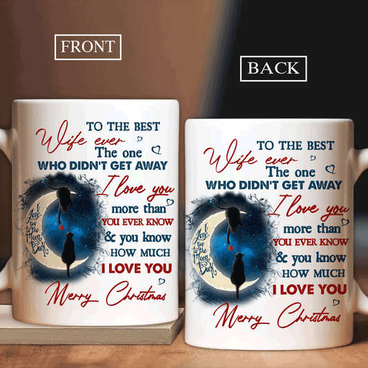 Couple White Mug - To my wife, Black cat, Full moon drawing, Christmas gift- Gift for couple, lover- I love you to the moon and back - White Mug