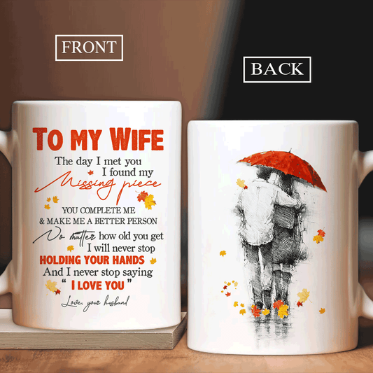 Couple White Mug - To my wife, Couple walking, Red umbrella - Gift for couple, lover - The day I met you I found my missing piece - White Mug
