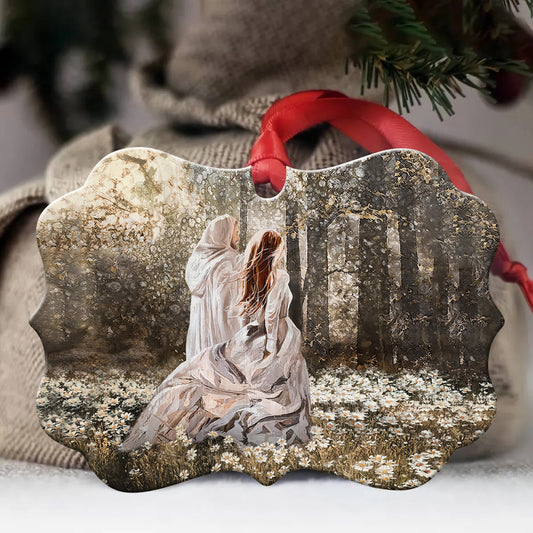 Jesus - Benelux Aluminum Ornament - Walking with Jesus, Beautiful girl painting, In the forest, Among the flower field - Jesus, God, Faith Painting - Christian Gift