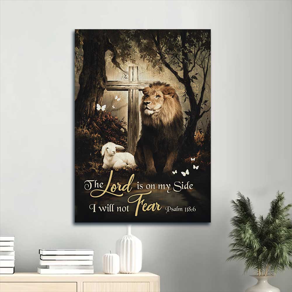 Jesus Portrait Canvas - Lion of Judah, Lamb of God, Wooden cross, White butterfly Portrait Canvas - Gift For Christian - The Lord is on my side Portrait Canvas