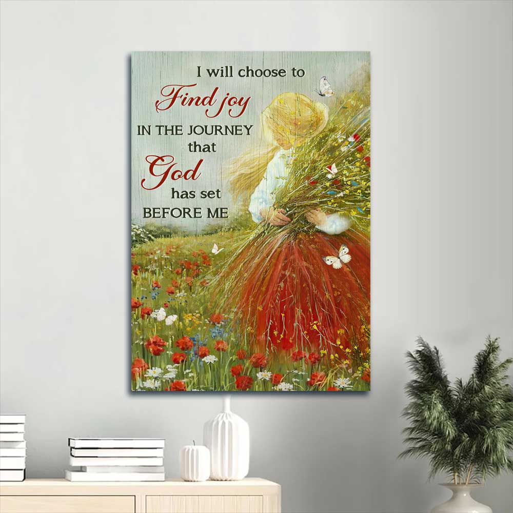 Jesus Portrait Canvas - Little girl, Brilliant flower garden Portrait Canvas - Gift For Christian - I will choose to find joy Portrait Canvas