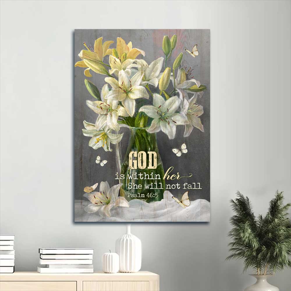 Jesus Portrait Canvas - Stunning Lily Flower, Still Life Painting Canvas - Gift For Christian - God Is Within Her Canvas