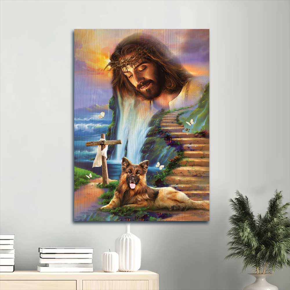 Jesus Portrait Canvas - Lovely German Shepherd, Gorgeous Jesus painting, Beautiful path to heaven Portrait  Canvas - Gift For Christian Portrait Canvas Prints, Christian Wall Art