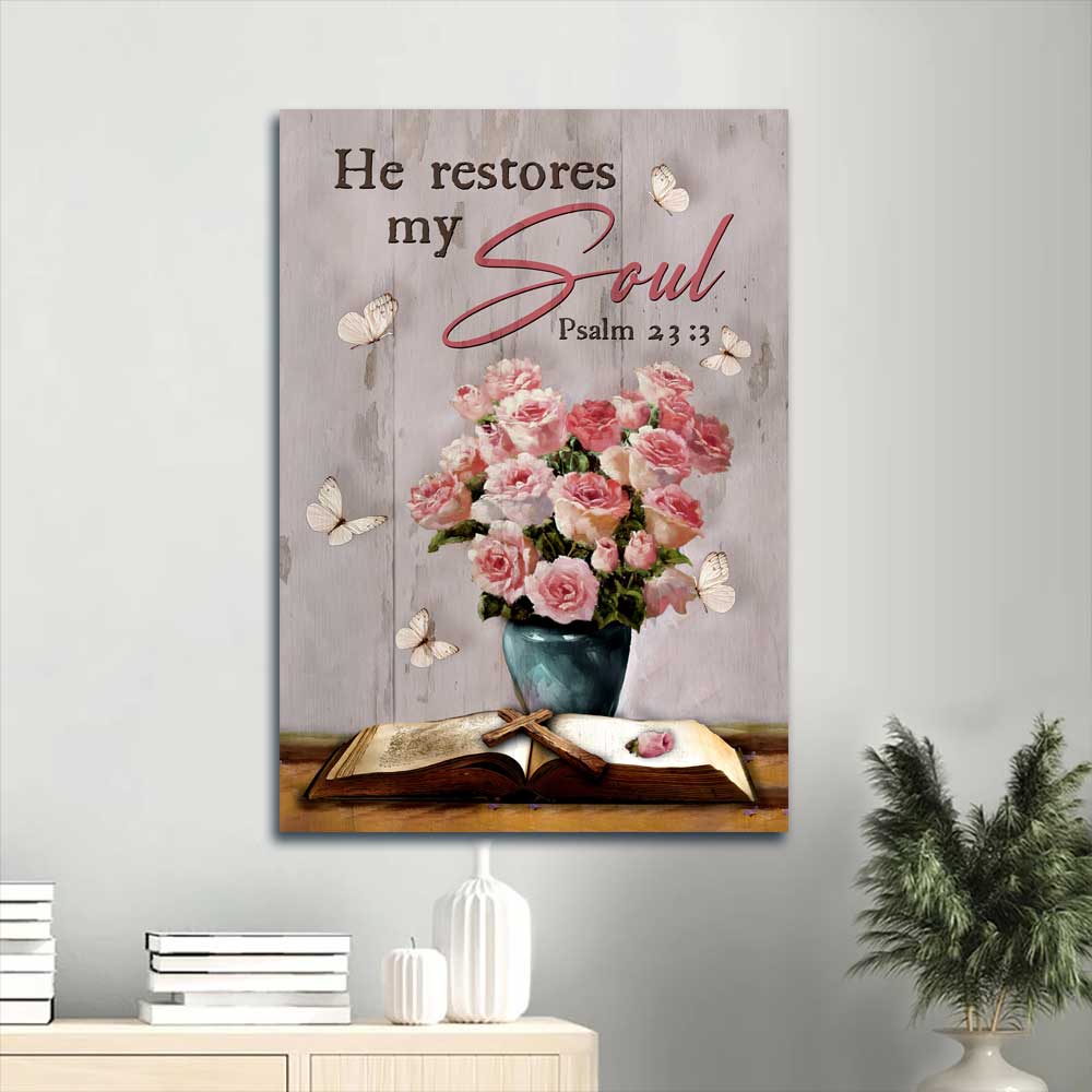 Jesus Portrait Canvas - Pink rose vase, Bible painting Portrait Canvas - Gift For Christian - He restores my soul Portrait Canvas