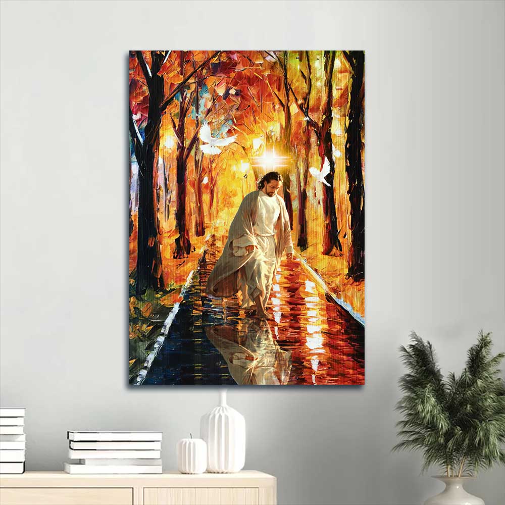 Jesus Portrait Canvas - Magic forest, Watercolor painting, Beautiful dove, Walking with Jesus Canvas - Gift for Christian Portrait Canvas Prints