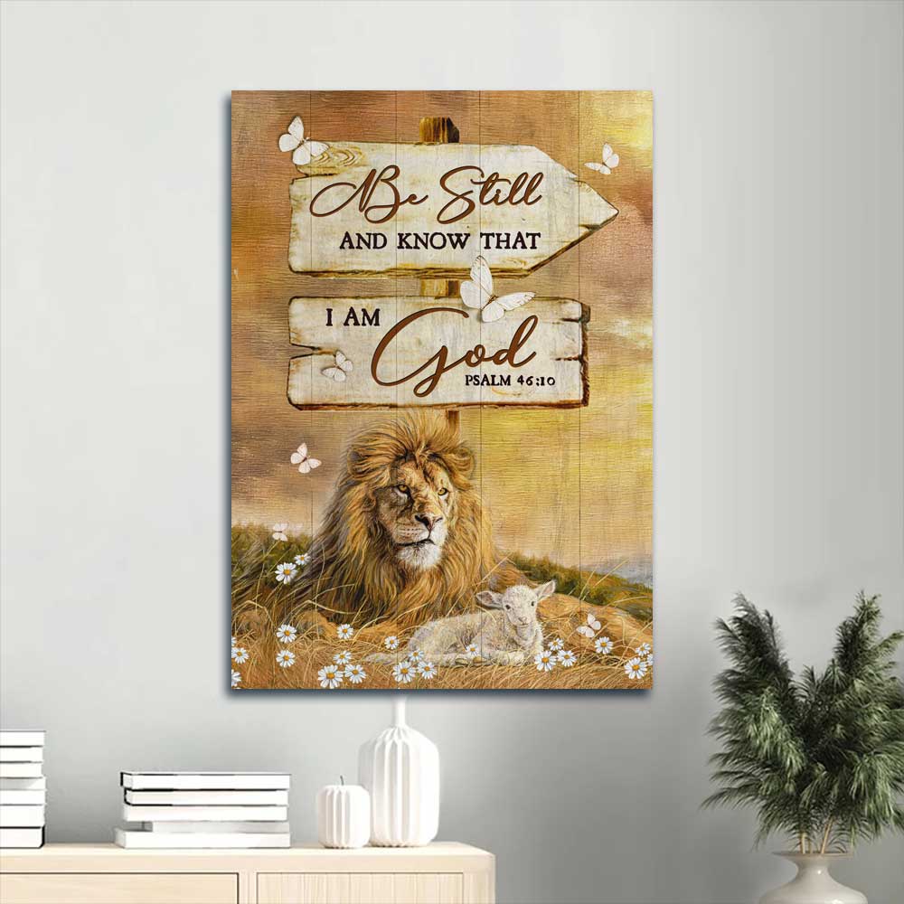 Jesus Portrait Canvas - Stunning Lion, Wooden Sign, Sunset Background Canvas - Gift For Christian - Be Still And Know That I Am God Canvas