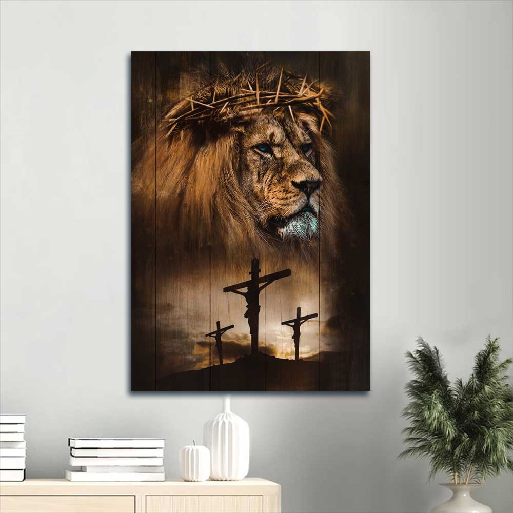 Jesus Portrait Canvas - Stunning Lion, Big Crown Of Thorn, Jesus On The Cross, Jesus Drawing Canvas - Gift For Christian