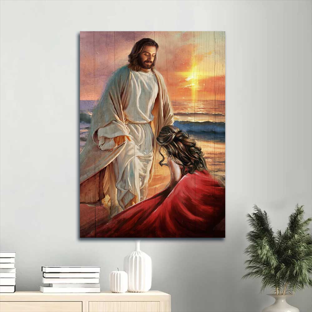 Jesus Portrait Canvas - On the beach, Beautiful sunset, Kneeling before God Portrait Canvas - Inspirational gift, Gift For Religious Christian