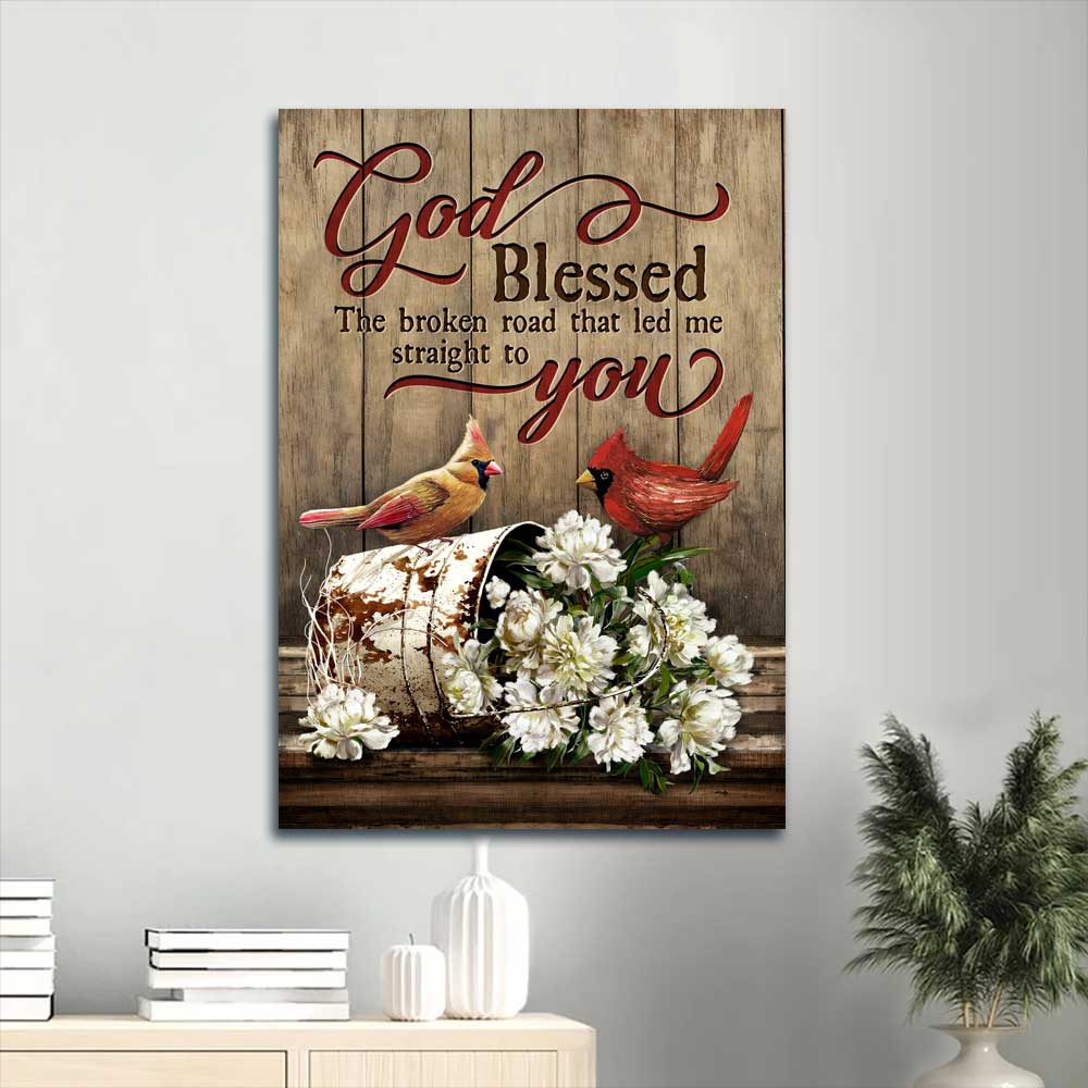 Jesus Portrait Canvas - Lovely cardinal painting, Gorgeous peony Portrait Canvas - Gift For Christian - God blessed the broken road Portrait Canvas